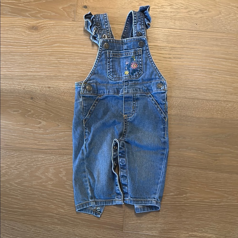 Blue Denim Overalls w floral embroidery and adjustable ruffle detail straps